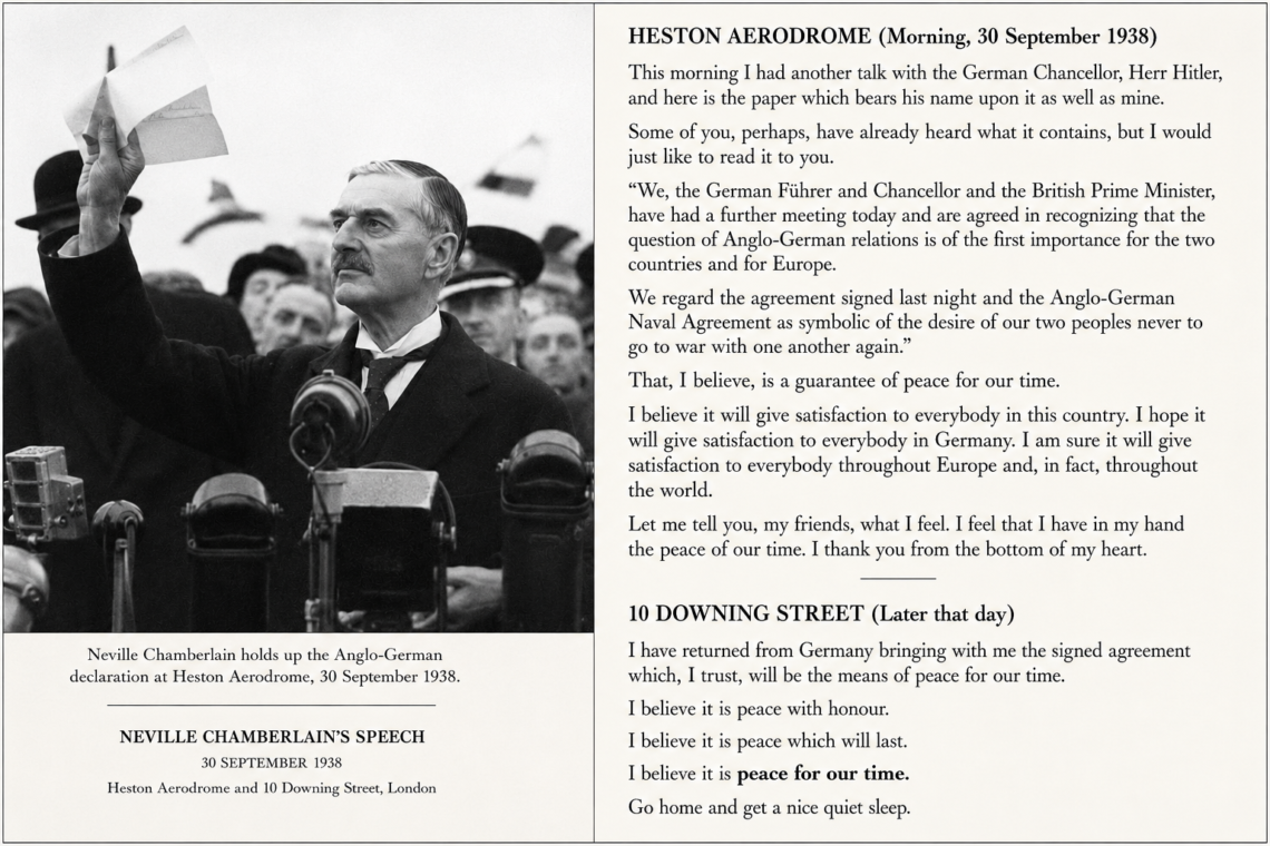 On 30 September 1938, after returning from the Munich Conference, Neville Chamberlain …